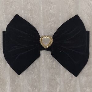 Vintage Influenced Black Velvet Goth Bow w Pearl Heart, 6.5", Wednesday Inspired